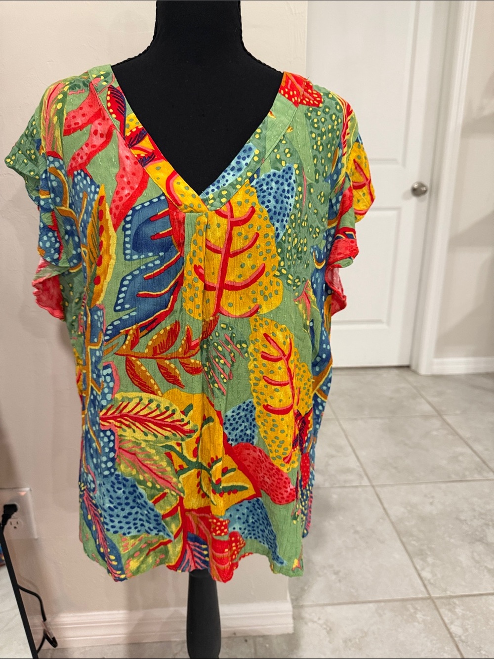 Christian Siriano 1X Tropical Print Flutter Sleeve Blouse Multicolor V Neck